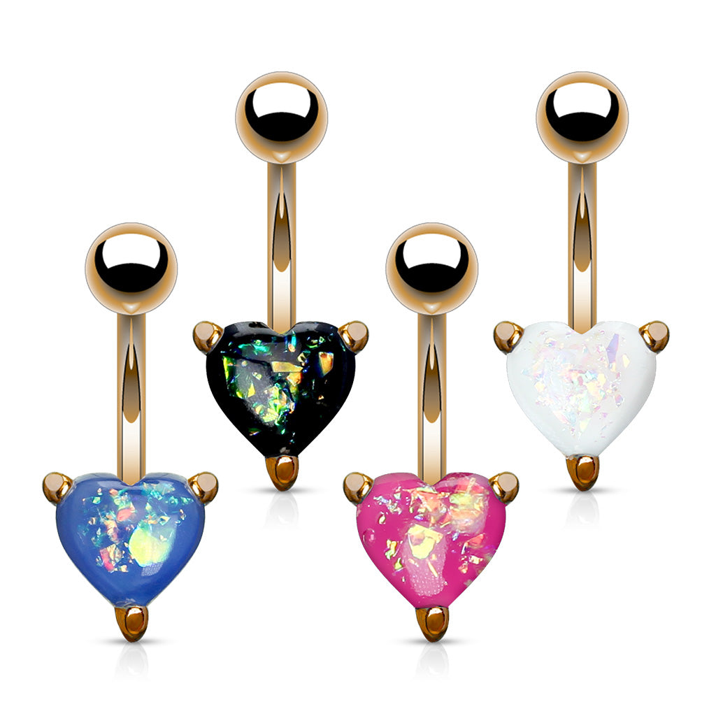 Opal Glitter Heart Prong Set Rose Gold IP Over 316L Surgical Steel Belly Button Navel Rings 14GA