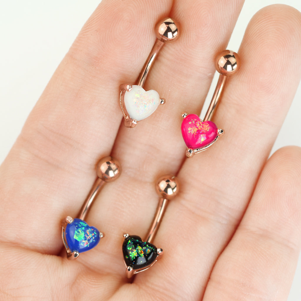 Opal Glitter Heart Prong Set Rose Gold IP Over 316L Surgical Steel Belly Button Navel Rings 14GA