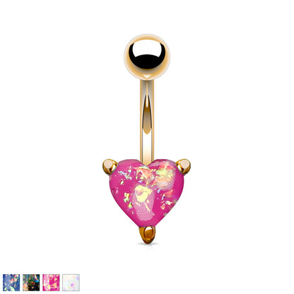 Opal Glitter Heart Prong Set Rose Gold IP Over 316L Surgical Steel Belly Button Navel Rings 14GA