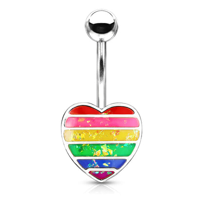 Rainbow Opal Glitter Filled Heart 316L Surgical Steel Belly Button Navel Rings