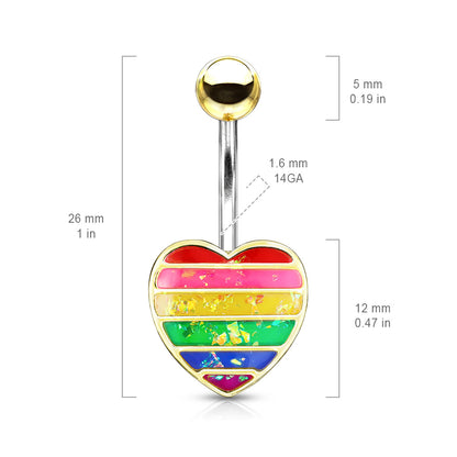 Rainbow Opal Glitter Filled Heart 316L Surgical Steel Belly Button Navel Rings