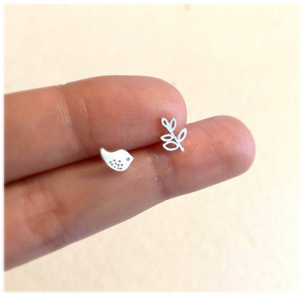 Tiny Bird and Branch Leaf Earrings, Studs, Sterling Silver, Mismatched Earrings, Gifts for Kids, Cutest.