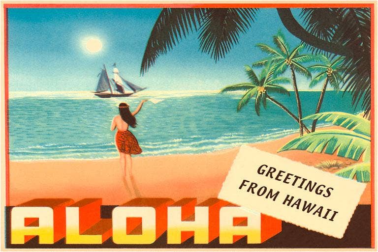 Aloha, Greetings from Hawaii, Hula Girl on Beach - Vintage reprinted Image, Postcard