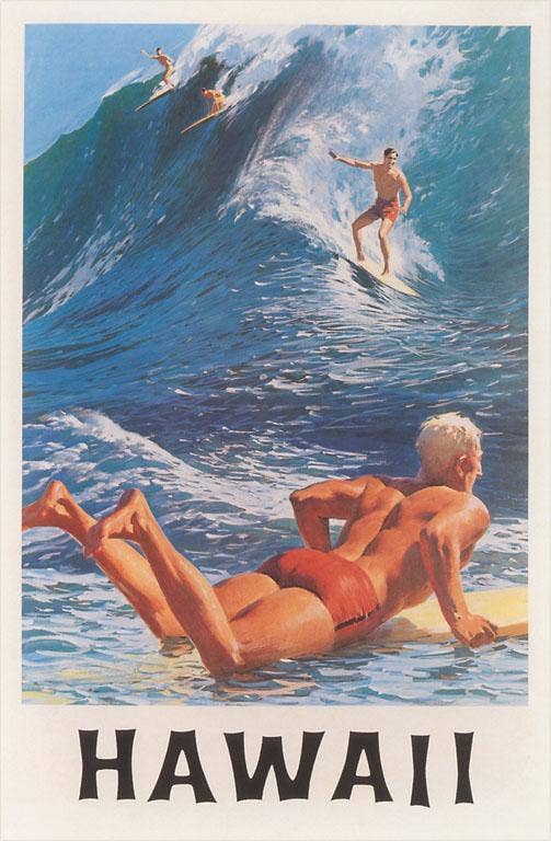 Riding the Big Waves, Hawaii - Vintage Image, Postcard