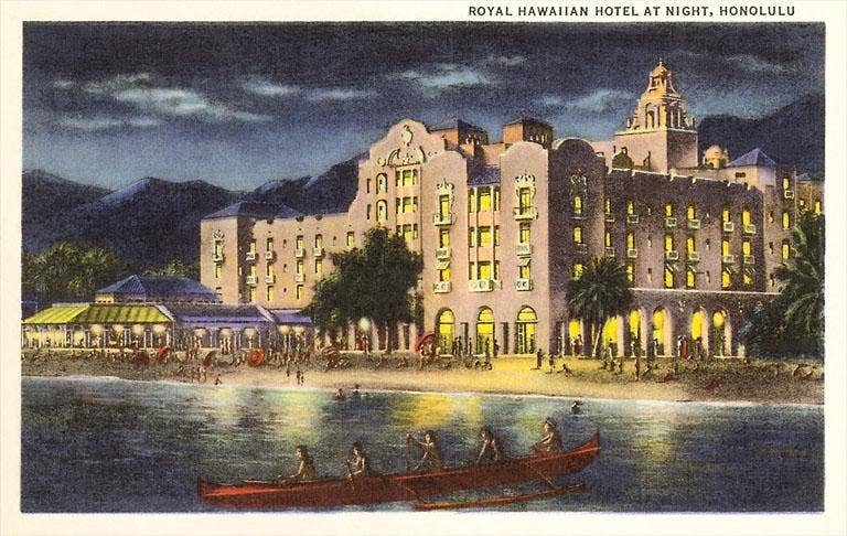 Night, Royal Hawaiian Hotel, Honolulu - Vintage Image, Postcard