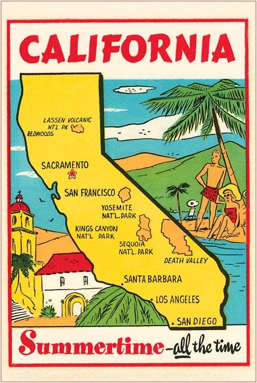 CA-889 Cartoon Map of California - Vintage Image, Postcard