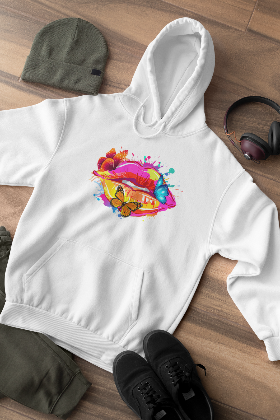 White LGBTQ Lips and Butterflies hoodie