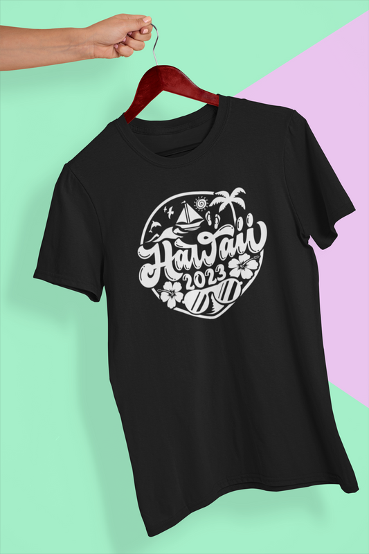 Hawaii 2023 Crew Neck T-shirt (White on Black)