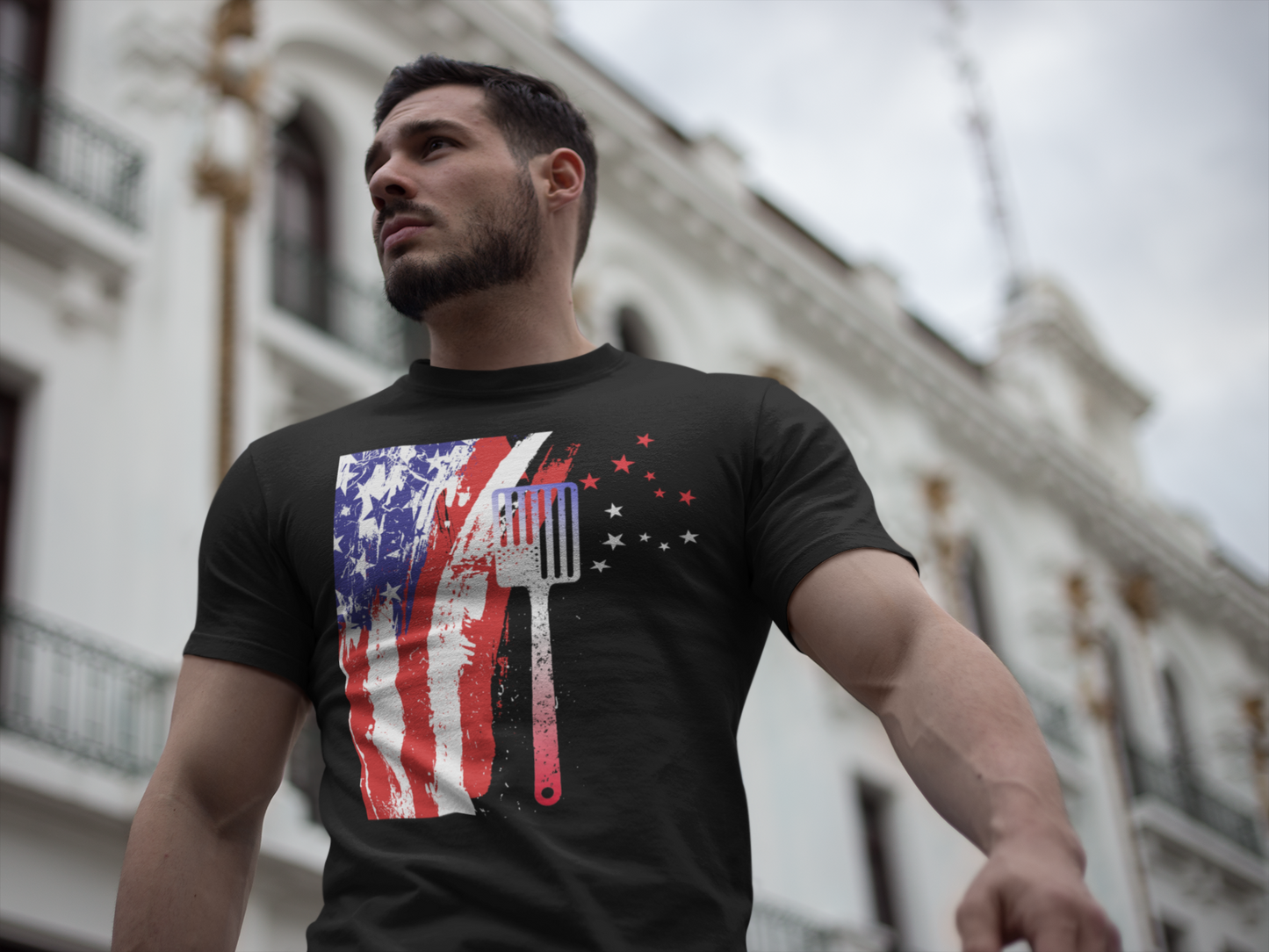 Men's American BBQ Old Glory Independence Day Black T-Shirt