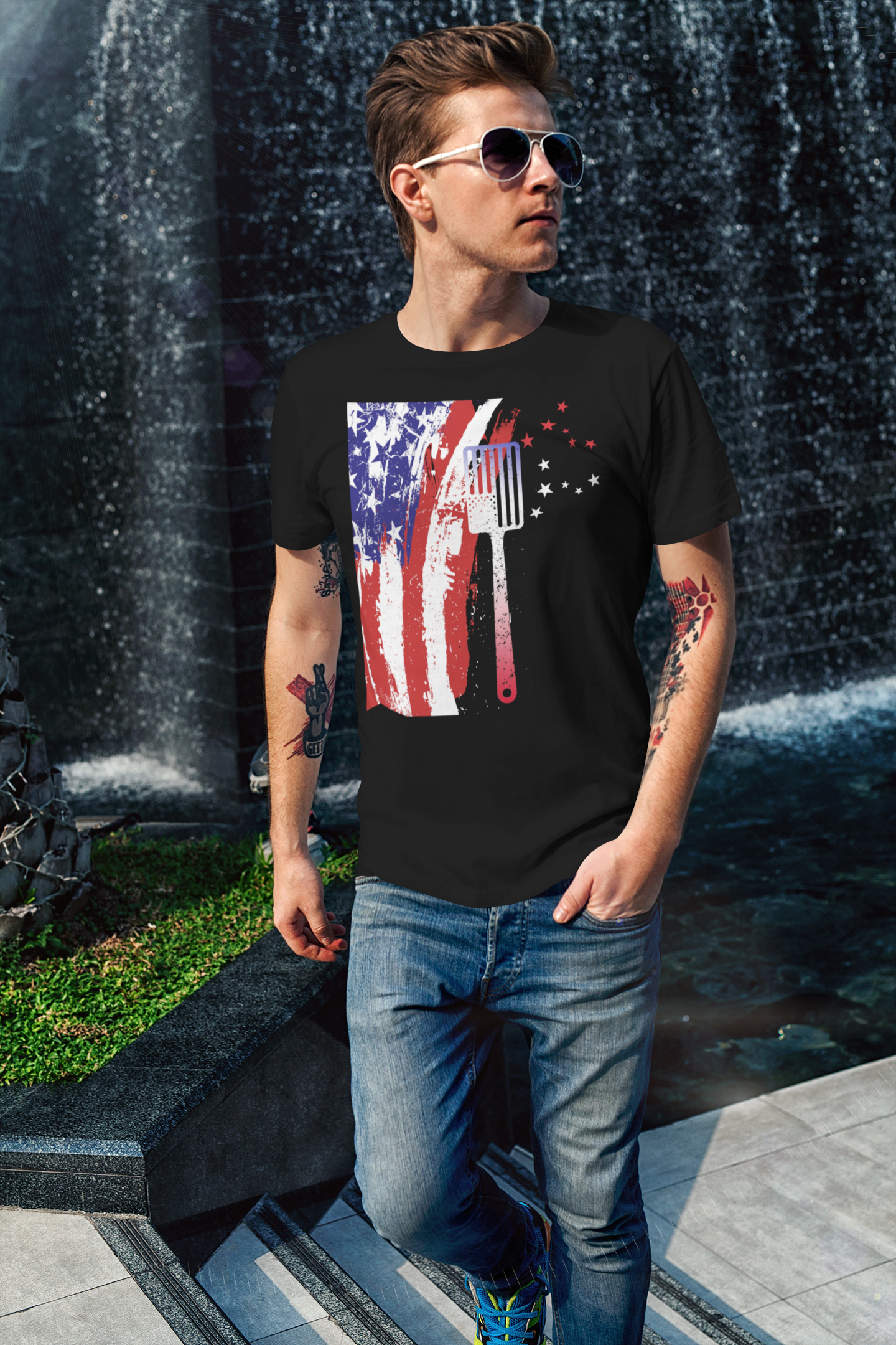 Men's American BBQ Old Glory Independence Day Black T-Shirt